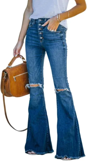 Sexyshine Women's Bell Bottom Jeans High Waisted Classic Retro Ripped Hole Denim Long Wide-Leg Flare Pants