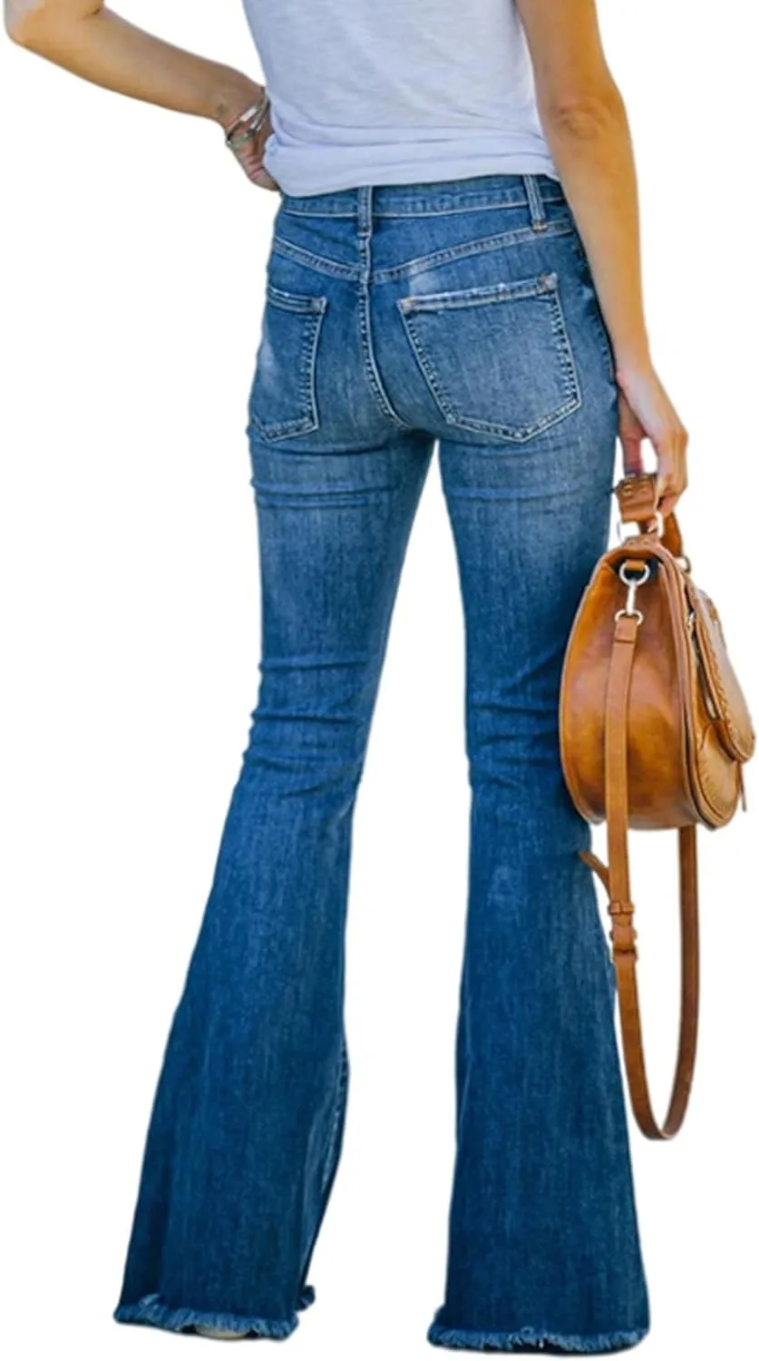Sexyshine Women's Bell Bottom Jeans High Waisted Classic Retro Ripped Hole Denim Long Wide-Leg Flare Pants