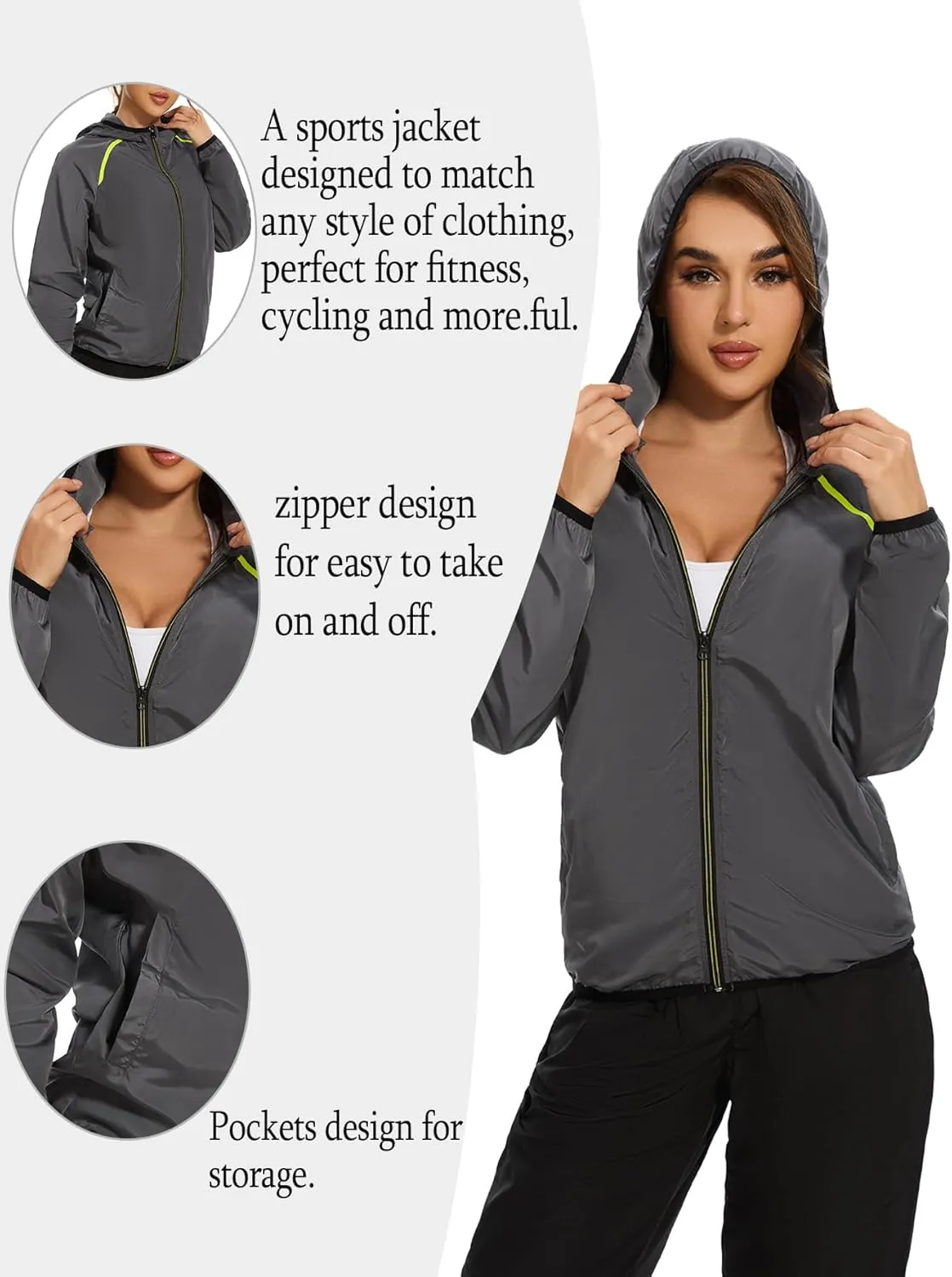 SEXYWG Women Rain Jacket with Hood Zipper Rain Coat Long Sleeves Raincoat Stylish Rain Suit Top Outdoor Travel Coat