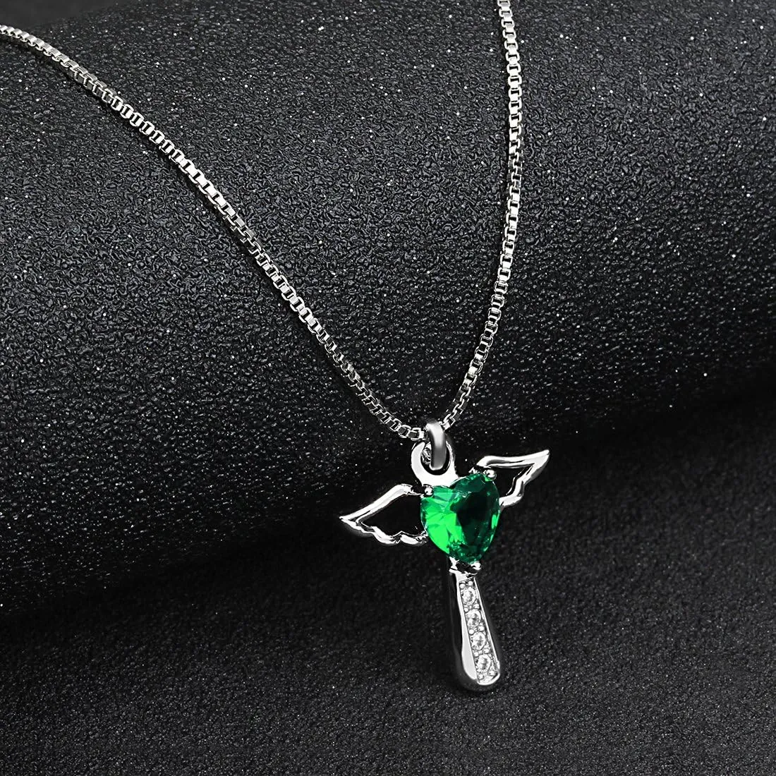 Silver Plated Angel Birthstone Necklace,Cubic Zirconia Cross Necklace for Women,First Communion Baptism Gifts