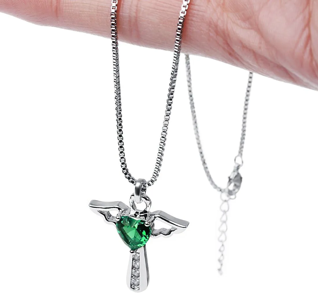 Silver Plated Angel Birthstone Necklace,Cubic Zirconia Cross Necklace for Women,First Communion Baptism Gifts