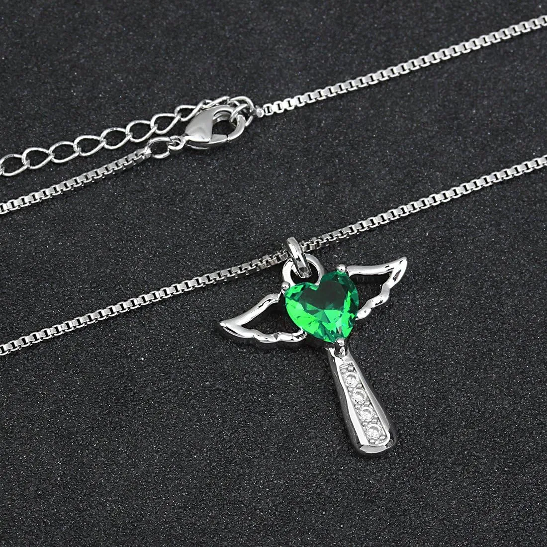 Silver Plated Angel Birthstone Necklace,Cubic Zirconia Cross Necklace for Women,First Communion Baptism Gifts
