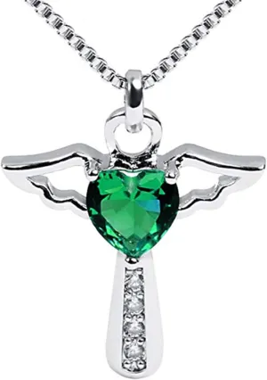 Silver Plated Angel Birthstone Necklace,Cubic Zirconia Cross Necklace for Women,First Communion Baptism Gifts