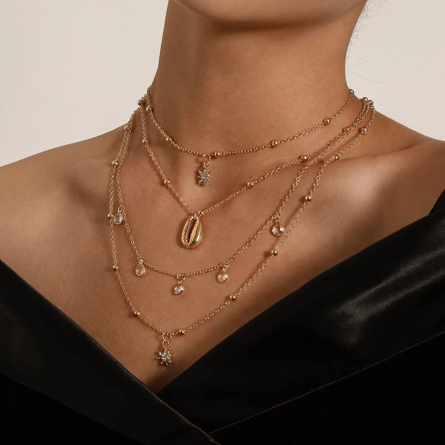 Simple Multilayer Choker Long Chain Tassel Pendant Pearl Seashell Necklace Beads Necklace Long Bar Charm Chain Jewelry for Women