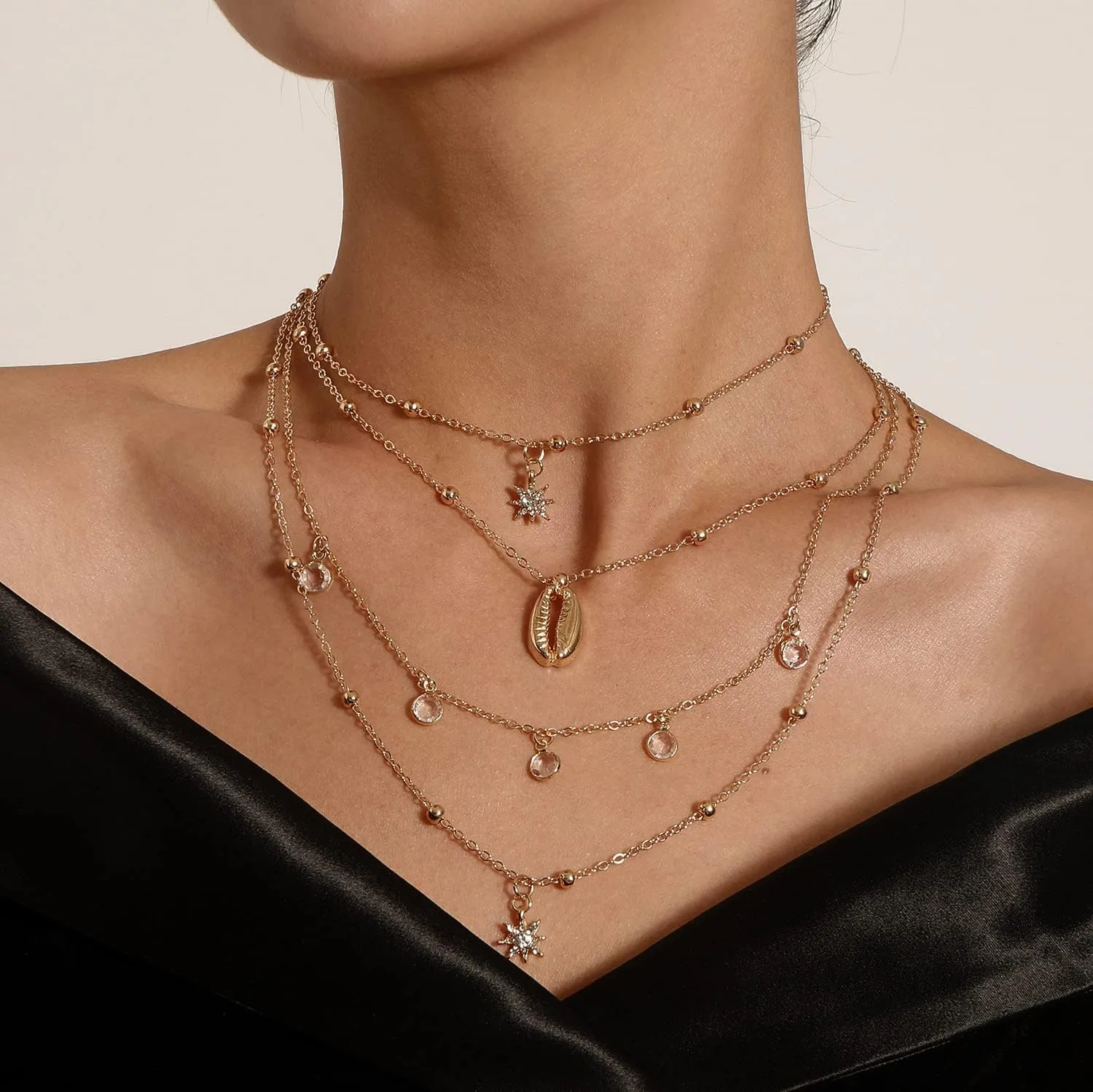 Simple Multilayer Choker Long Chain Tassel Pendant Pearl Seashell Necklace Beads Necklace Long Bar Charm Chain Jewelry for Women