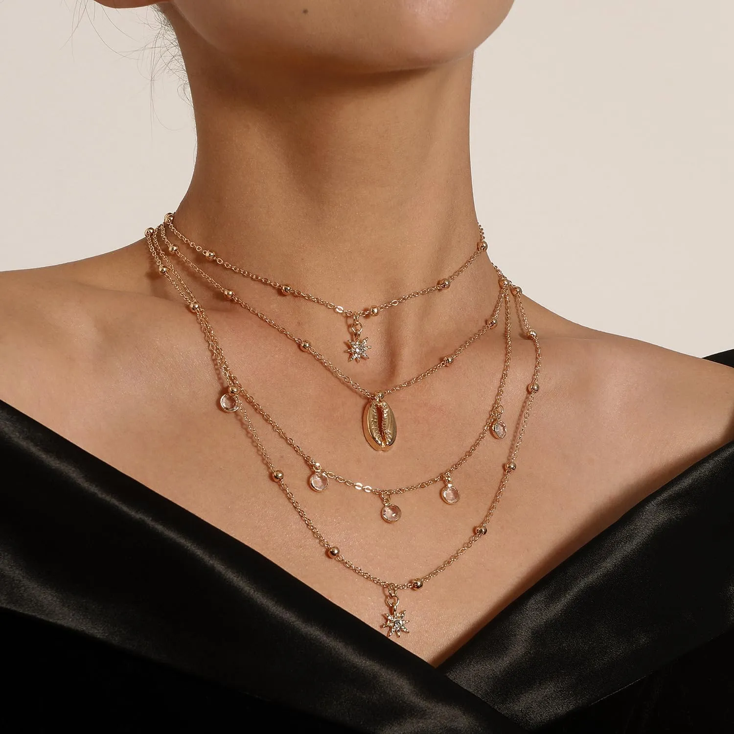 Simple Multilayer Choker Long Chain Tassel Pendant Pearl Seashell Necklace Beads Necklace Long Bar Charm Chain Jewelry for Women