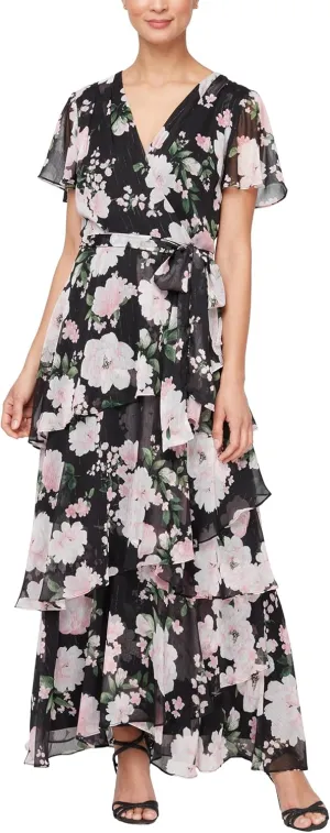 S.L. Fashions Women's Short Sleeve Tiered Skirt Long Maxi Dress with Surplice Neckline, Wedding (Petite and Regular Sizes)