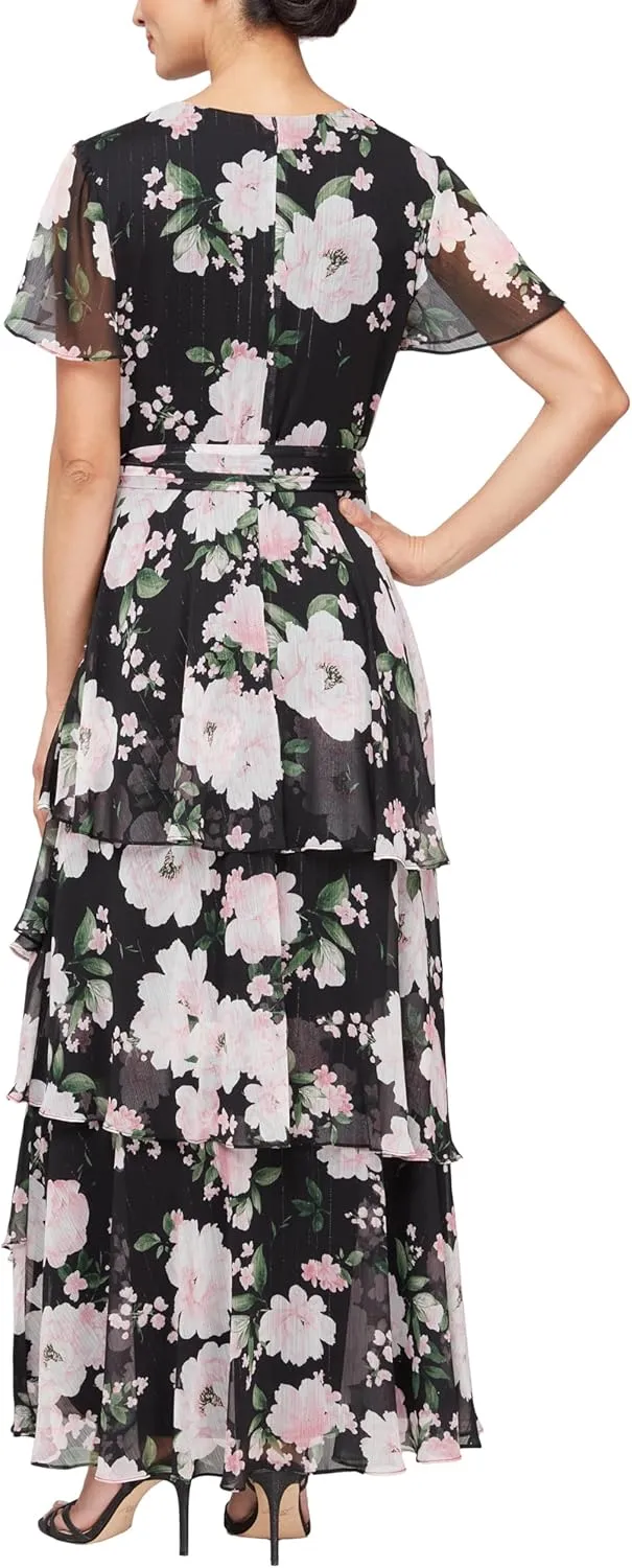 S.L. Fashions Women's Short Sleeve Tiered Skirt Long Maxi Dress with Surplice Neckline, Wedding (Petite and Regular Sizes)