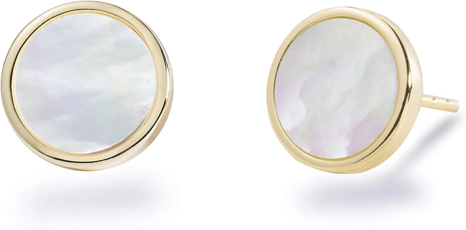S.Leaf Shell Earrings Mother of Pearl Earrings Silver Stud Earrings for Women Hypoallergenic Earrings Round Disc Stud Earrings for Women
