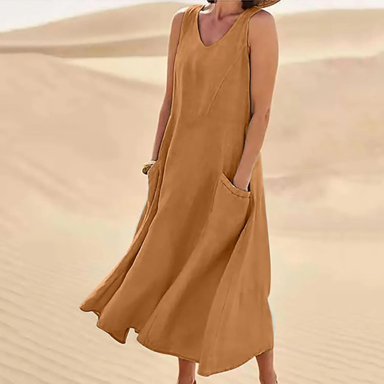 Sleeveless Maxi Long Beach Shirt Dress Women's Summer Casual Sleeveless Long Maxi Beach Dress Cotton Casual Dress