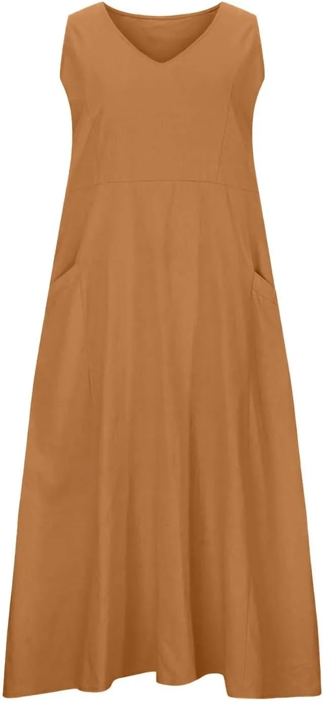 Sleeveless Maxi Long Beach Shirt Dress Women's Summer Casual Sleeveless Long Maxi Beach Dress Cotton Casual Dress