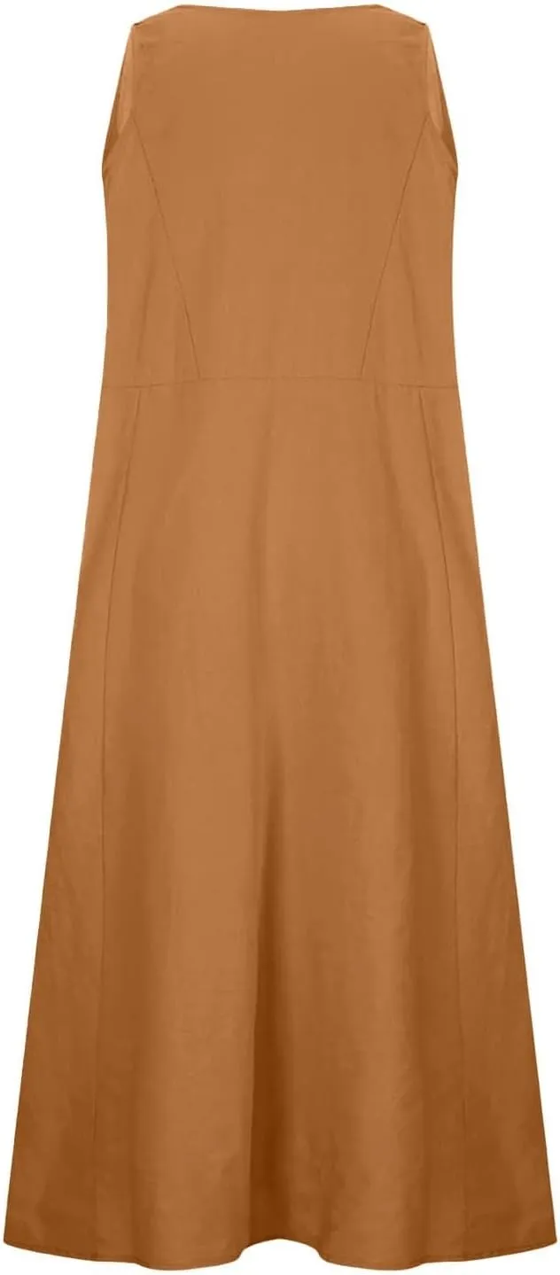 Sleeveless Maxi Long Beach Shirt Dress Women's Summer Casual Sleeveless Long Maxi Beach Dress Cotton Casual Dress