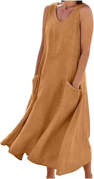 Sleeveless Maxi Long Beach Shirt Dress Women's Summer Casual Sleeveless Long Maxi Beach Dress Cotton Casual Dress