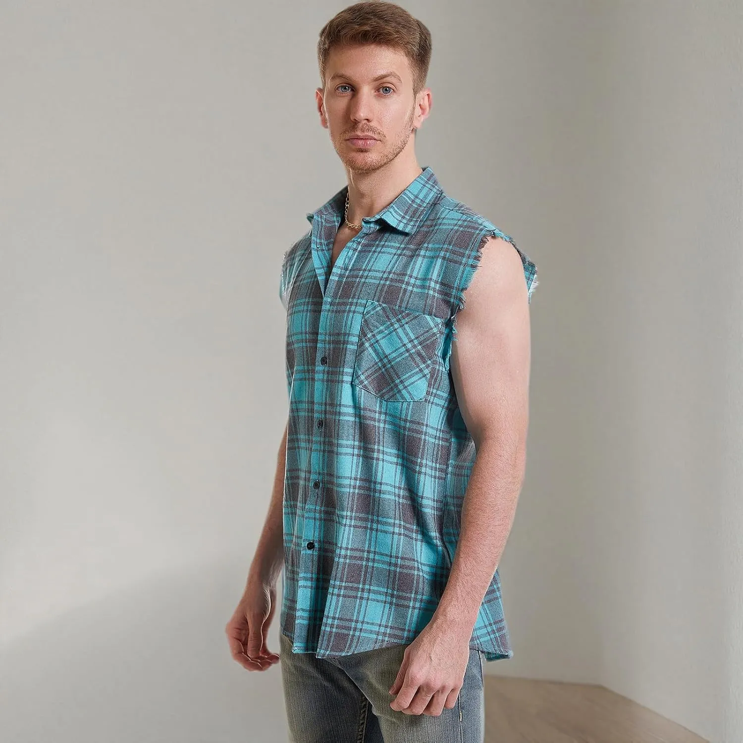 Sleeveless Plaid Front Shirt for Men,Cowboy Button Down Shirts