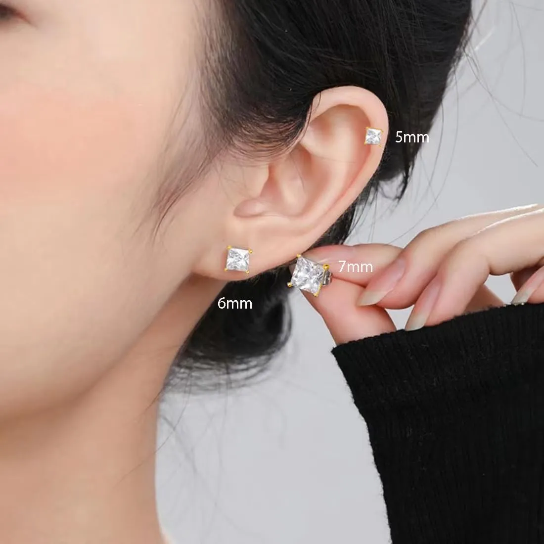 SLUYNZ 925 Sterling Silver CZ Stud Earrings for Women Teens Cut Square CZ Stud Earrings Simulated Diamond Earrings 3 Pairs