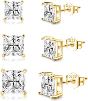 SLUYNZ 925 Sterling Silver CZ Stud Earrings for Women Teens Cut Square CZ Stud Earrings Simulated Diamond Earrings 3 Pairs