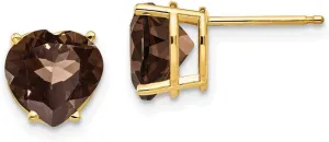 Solid 14k Yellow Gold 8mm Heart Brown Smoky Quartz Studs Earrings - 9mm x 8mm
