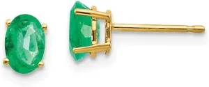 Solid Real 14k Yellow Gold Emerald Green May Gemstone Post Studs Earrings - 6mm x 4mm