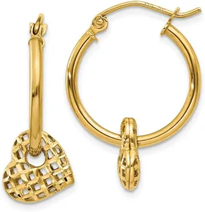 Solid Real 14k Yellow Gold Moveable Heart Hoop Earrings - 23mm x 19mm