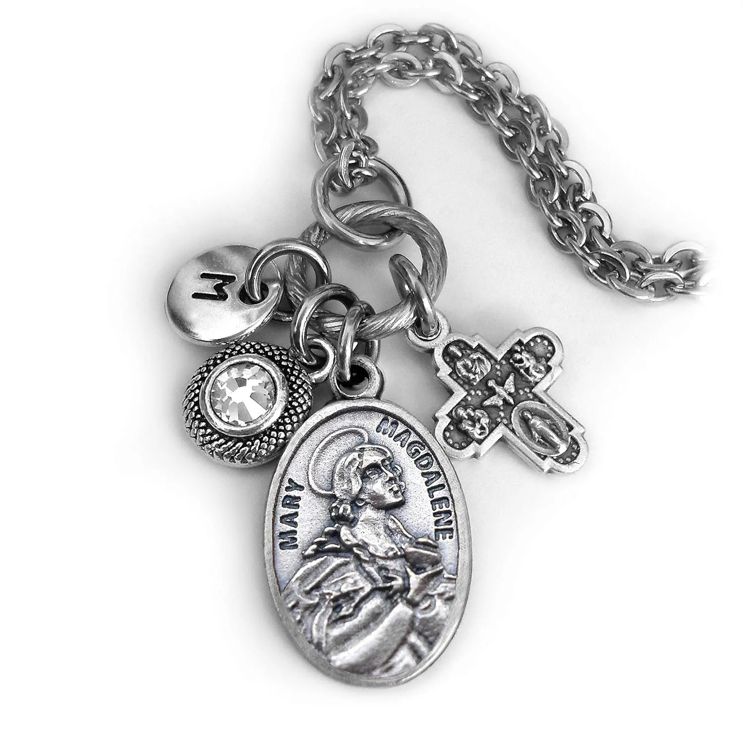 St. Mary Magdalene Necklace, Keychain or Clip, Patron Saint Confirmation Gift, Birthstone Crystal and Initial Charm