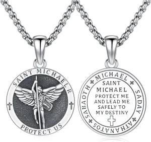 St Michael Necklace for Men 925 Sterling Silver Saint Michael Medallion Necklace Double Sided Archangel St Michael Pendant, St Archangel Michael Sigil Necklace Protection Jewelry Religious Gifts