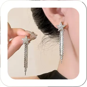 Statement Star Tassel Drop Dangle Earrings Rhinestone Meteor Cartilage Clip-on Dangling Chain Sparkly Crystal Long Fringe Drop Earrings Trendy Prom Wedding Christmas Jewelry Gifts