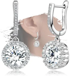 Sterling Silver Dangle Earrings with White Gold Plated Hoop Drop Charms Round Halo Earring Dainty Cubic Zirconia Hypoallergenic Fashion Jewelry Birthday Gift for Women