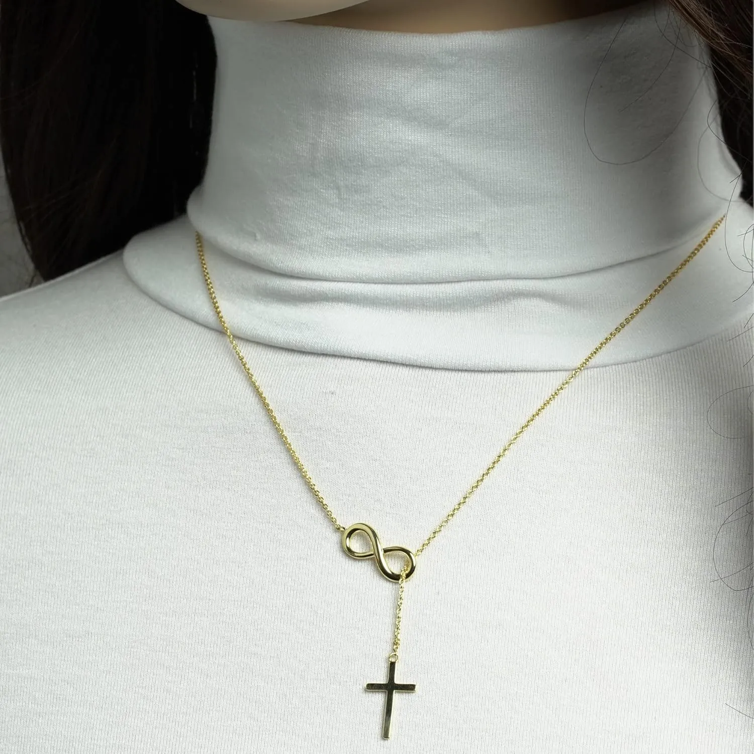 Sterling Silver Gold Plated Cross Infinity Necklace for Women | Lariat Cross Necklace | Communion Confirmation Gift | Silver or Gold Cross Infinity Pendant for Girls