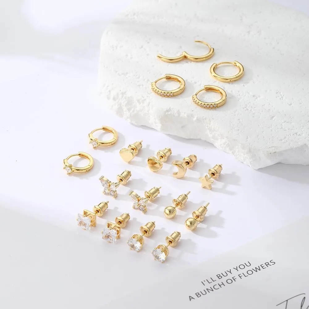Sterling Silver Gold Surgical Steel Flat Back Stud Hoop Earrings Set,Hypoallergenic Small Cartilage Huggie Hoop Earrings