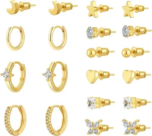 Sterling Silver Gold Surgical Steel Flat Back Stud Hoop Earrings Set,Hypoallergenic Small Cartilage Huggie Hoop Earrings