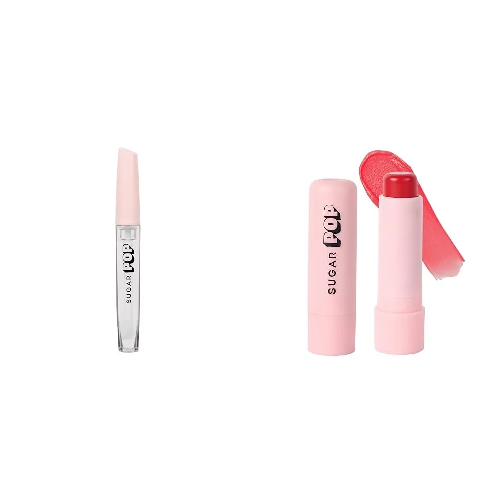 SUGAR POP High Shine Lip Gloss - 01 Marshmallow (Clear) Lip Plumping Gloss For Soft & Dewy Lips & SUGAR POP Nourishing Lip Balm Combo