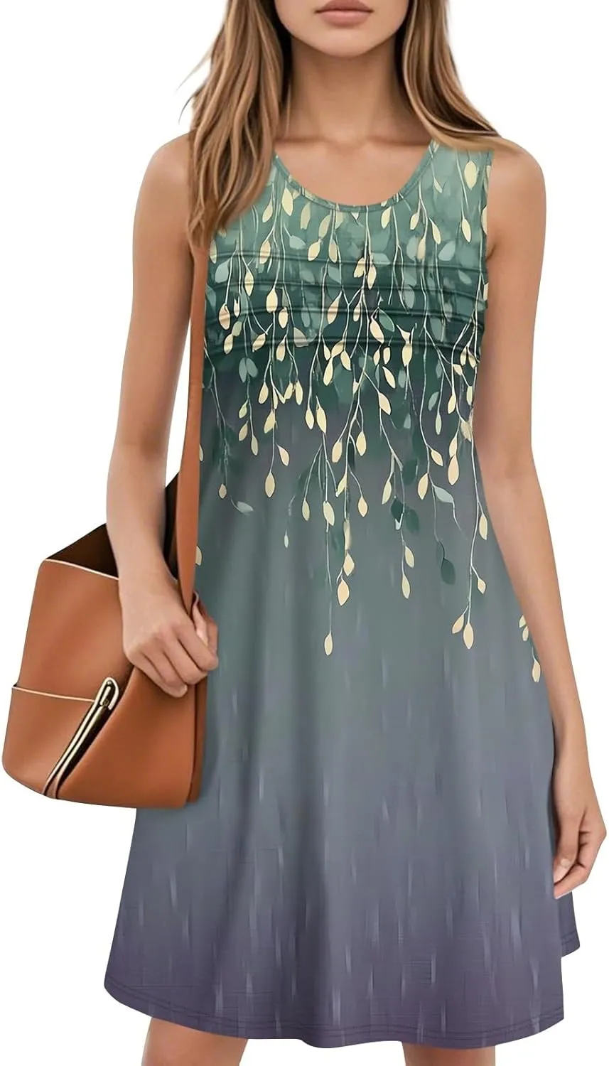 Summer Dresses for Women 2025 Loose Casual T Shirt Dresses V Neck Floral Sundresses Sleeveless Pleated Front Tank Dress