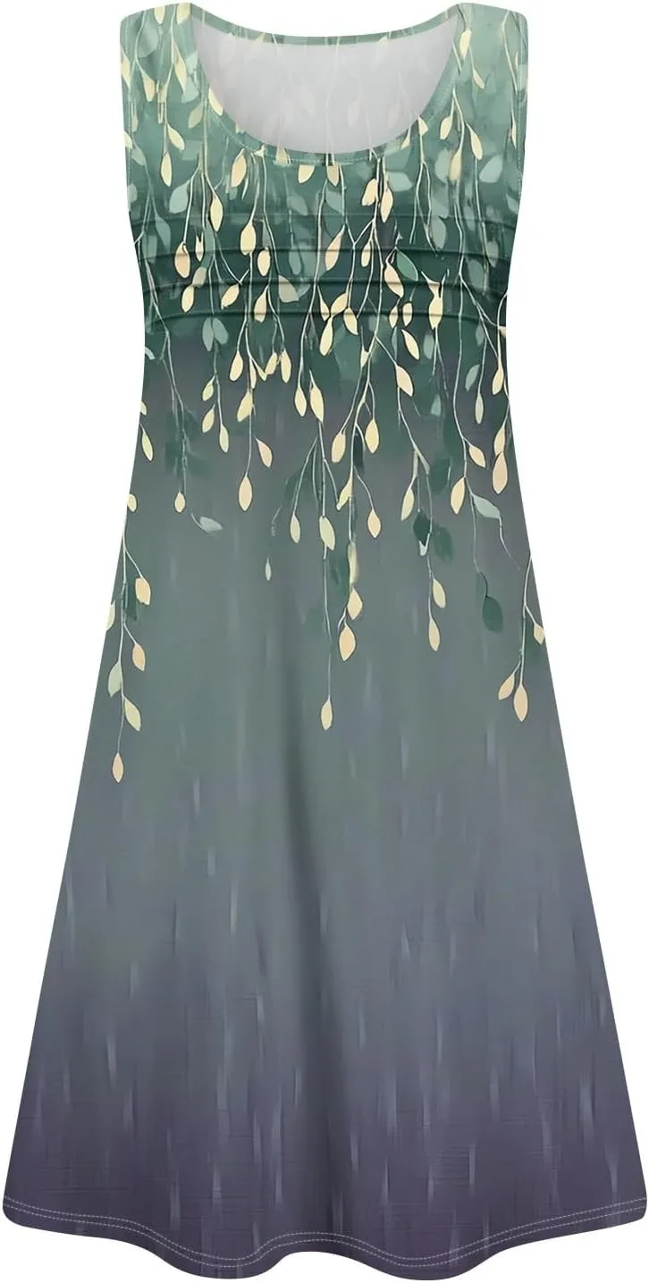Summer Dresses for Women 2025 Loose Casual T Shirt Dresses V Neck Floral Sundresses Sleeveless Pleated Front Tank Dress