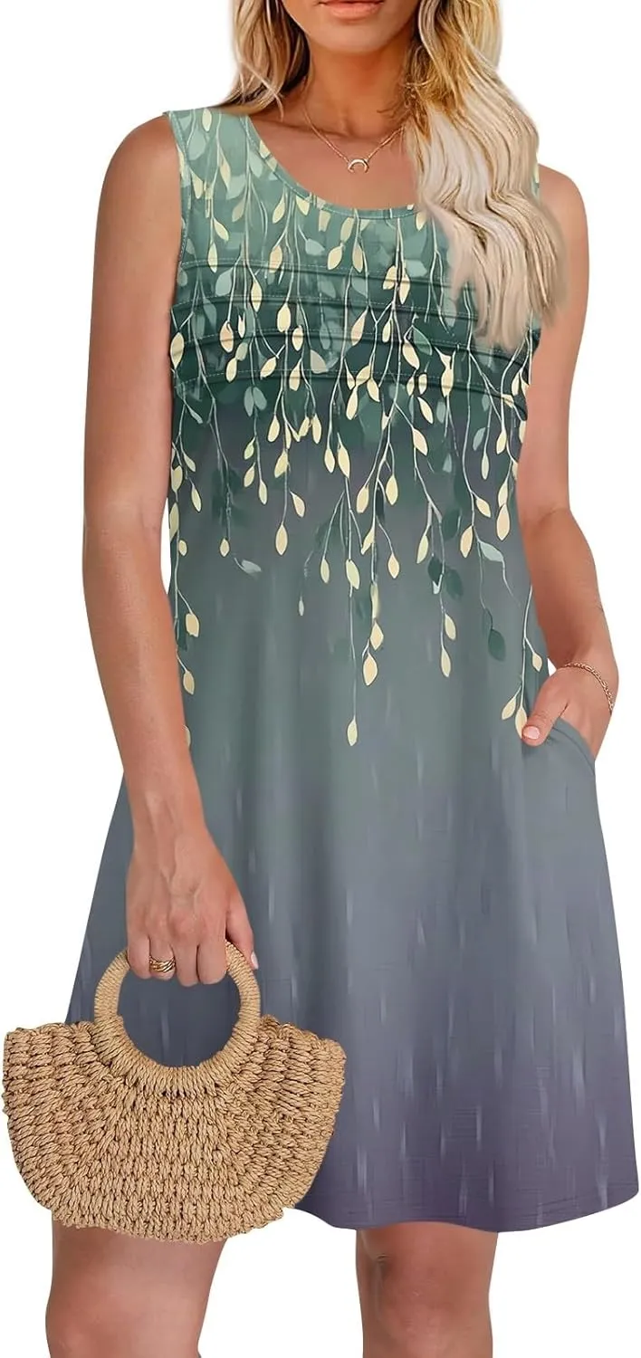 Summer Dresses for Women 2025 Loose Casual T Shirt Dresses V Neck Floral Sundresses Sleeveless Pleated Front Tank Dress