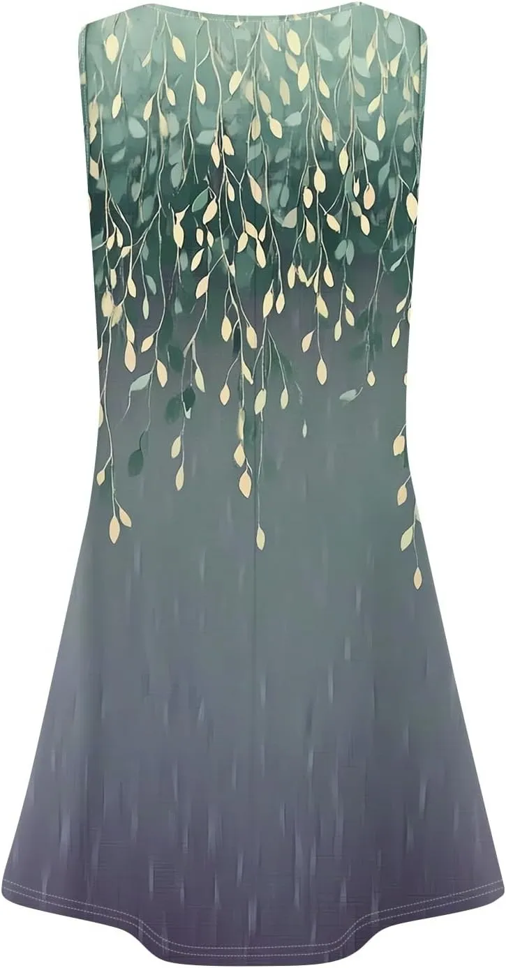 Summer Dresses for Women 2025 Loose Casual T Shirt Dresses V Neck Floral Sundresses Sleeveless Pleated Front Tank Dress