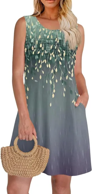 Summer Dresses for Women 2025 Loose Casual T Shirt Dresses V Neck Floral Sundresses Sleeveless Pleated Front Tank Dress