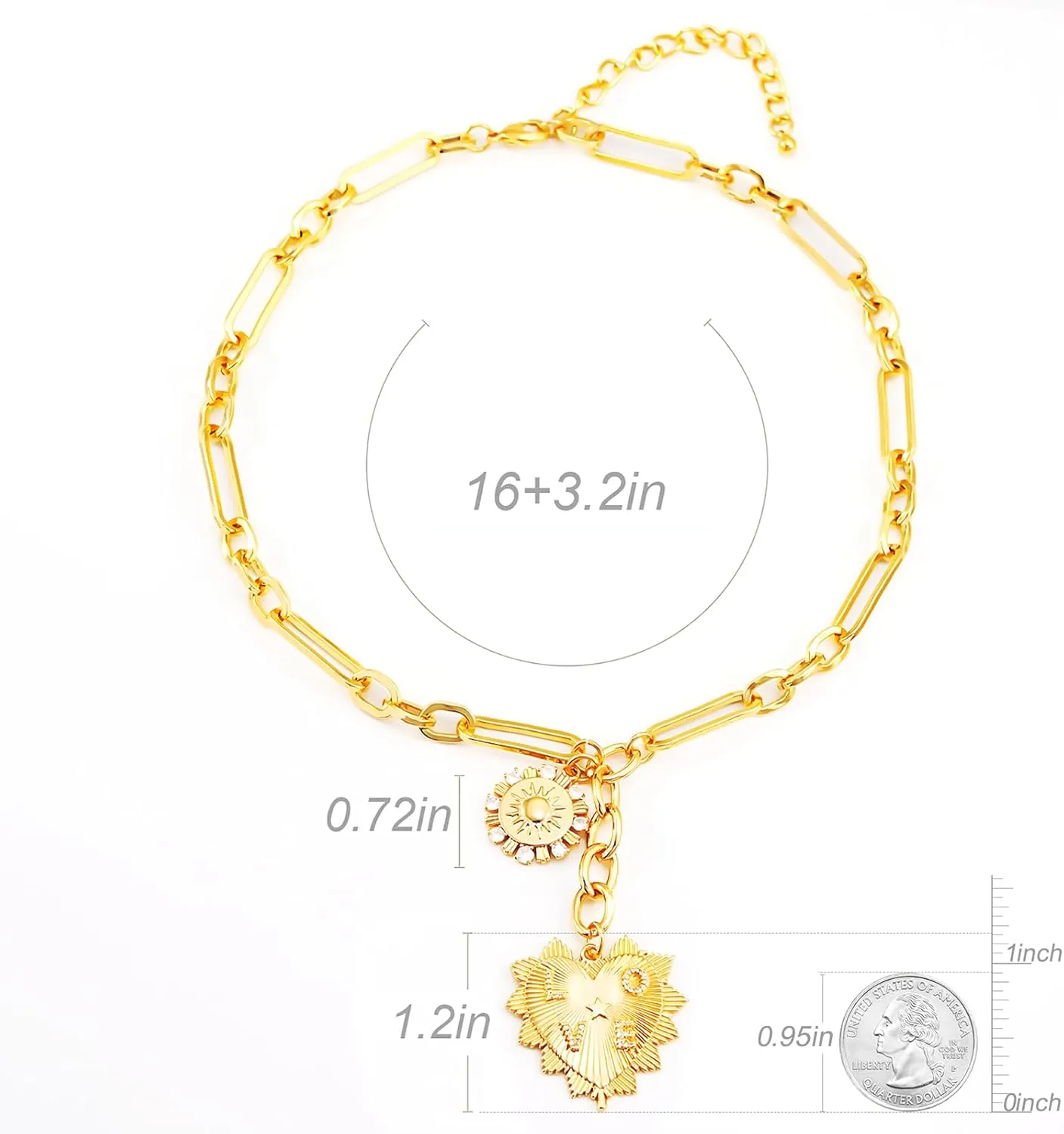 Sun Heart Necklace for Women 18K Gold Plated Heart Pendent Necklace Chunky Chain Choker Necklace Hip Hop Charm Necklace Unisex Necklace