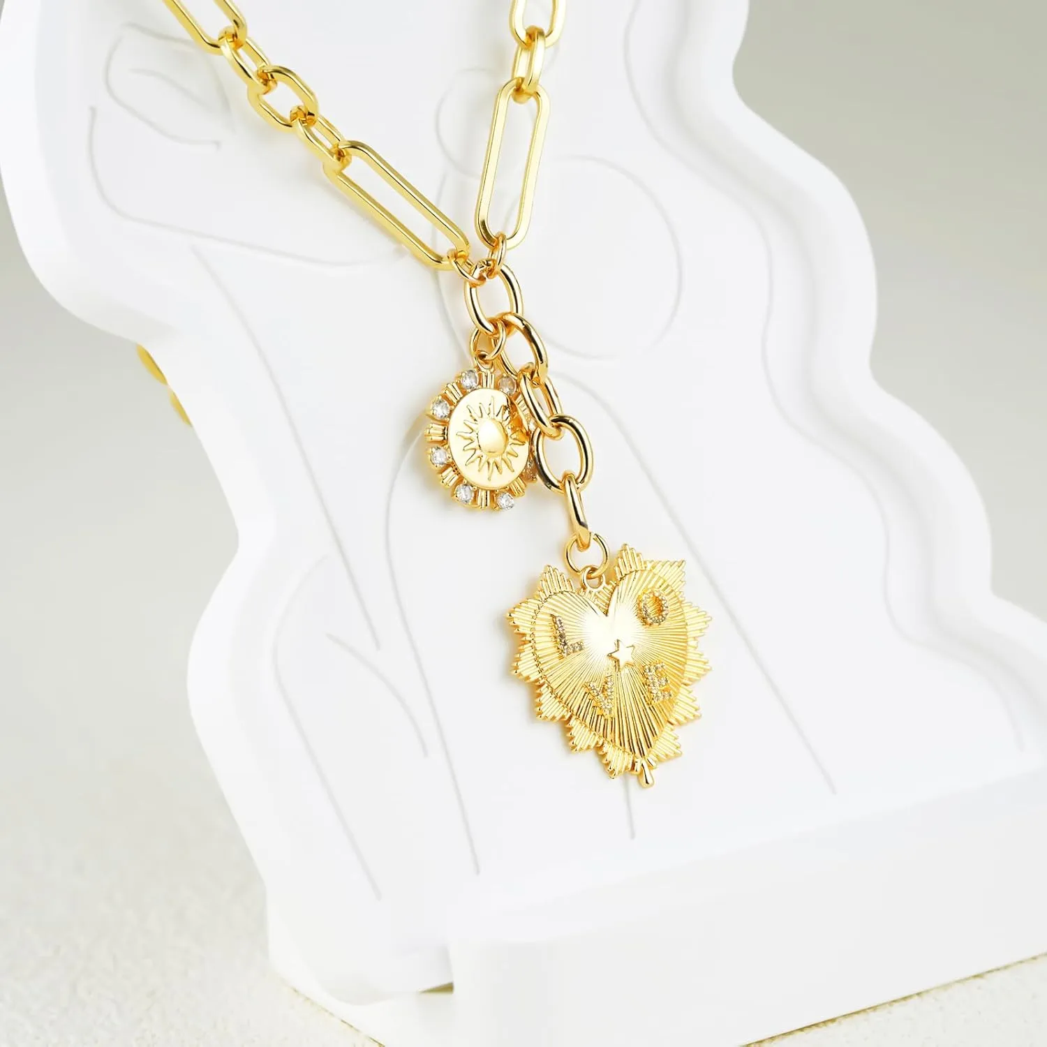 Sun Heart Necklace for Women 18K Gold Plated Heart Pendent Necklace Chunky Chain Choker Necklace Hip Hop Charm Necklace Unisex Necklace