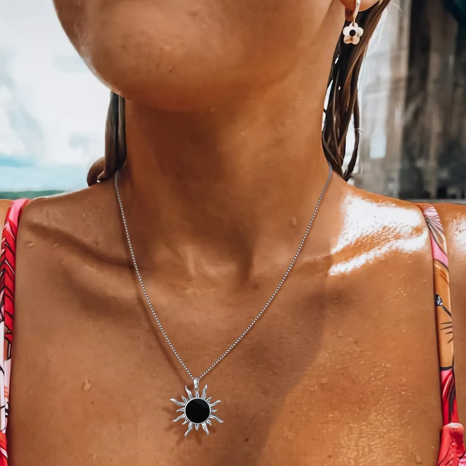 Sun Turquoise Pendant Necklace, 925 Sterling Silver Genuine Gemstones Western Jewelry Gift for Women