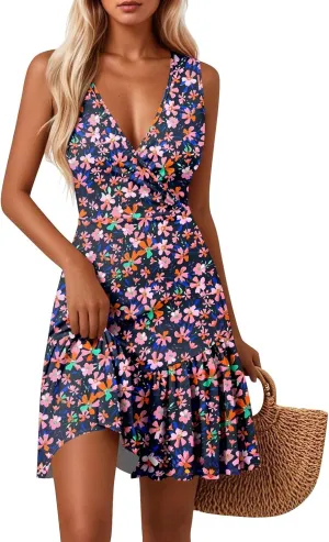 Sundresses for Women 2025,Womens Summer Sleeveless Sexy Wrap V Neck Floral Dress A-Line Ruffle Mini Dress