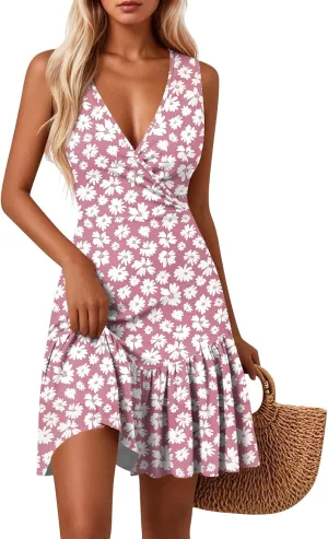 Sundresses for Women 2025,Womens Summer Sleeveless Sexy Wrap V Neck Floral Dress A-Line Ruffle Mini Dress