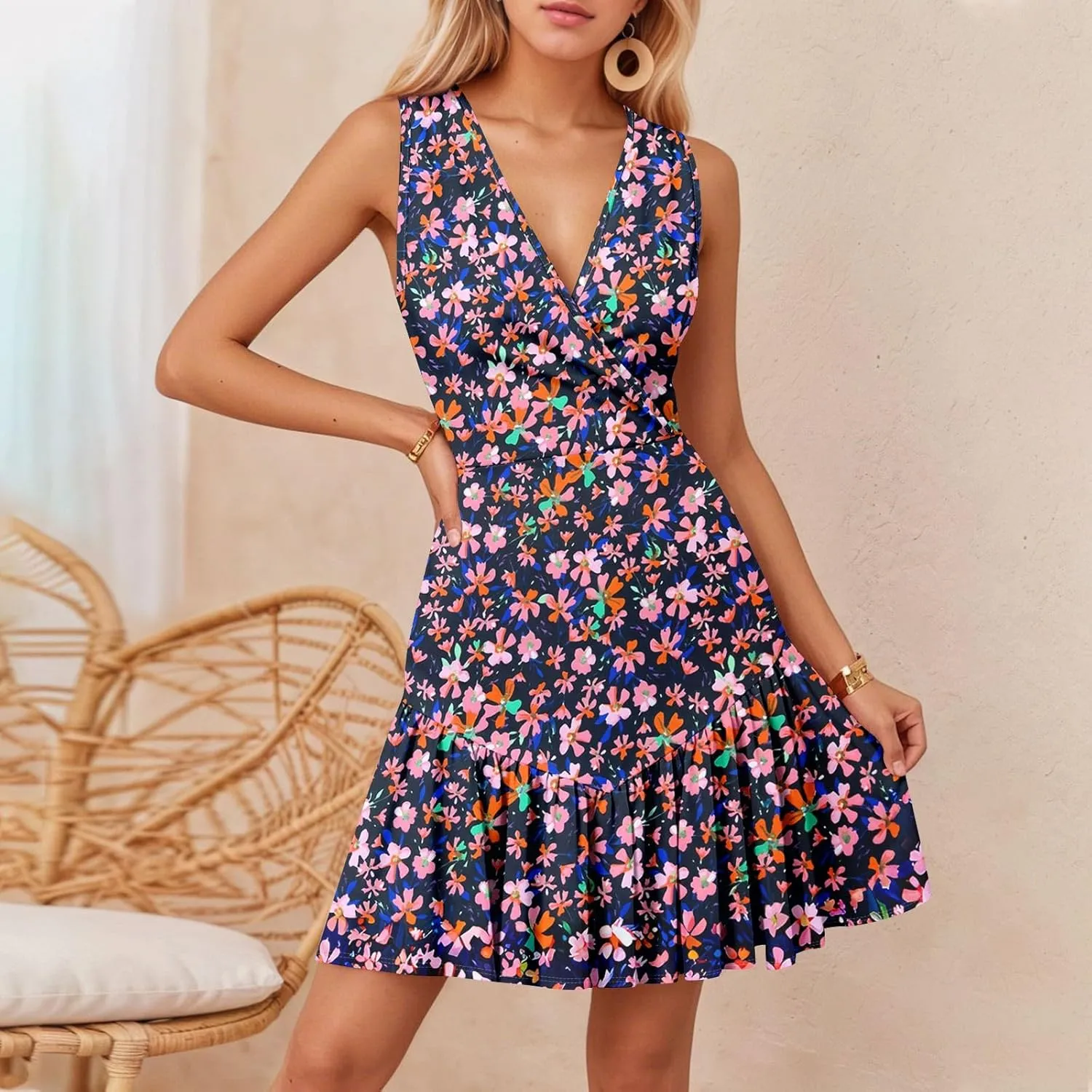 Sundresses for Women 2025,Womens Summer Sleeveless Sexy Wrap V Neck Floral Dress A-Line Ruffle Mini Dress