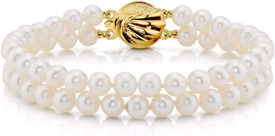 The Pearl Source Yellow Gold Plated 6.0-6.5mm AAAA Quality Round White Freshwater Cultured Pearl Double Strand Bracelet for Women
