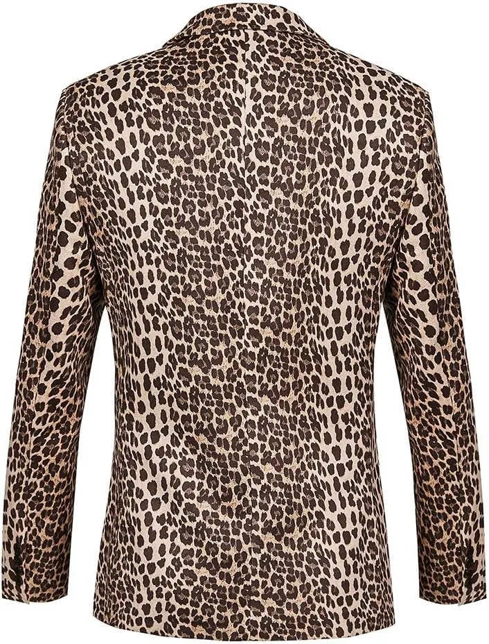 THWEI Mens Blazer Hipster Leopard Print Tuxedo Luxury Notched Lapel Slim Fit Stylish Sport Coats Jacket