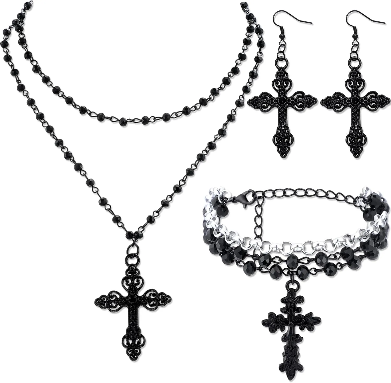 Tondiamo 3 Pcs Black Cross Necklace Gothic Jewelry Set for Women Goth Earrings Bead Bracelet Layered Y2k Choker Costume Accessories