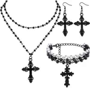 Tondiamo 3 Pcs Black Cross Necklace Gothic Jewelry Set for Women Goth Earrings Bead Bracelet Layered Y2k Choker Costume Accessories