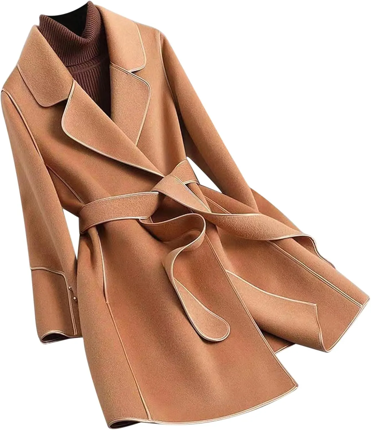 Trench Coat Women Winter Elegant Open Front Pea Coat Notch Lapel Belted Coats Causal Long Sleeve Peacoat