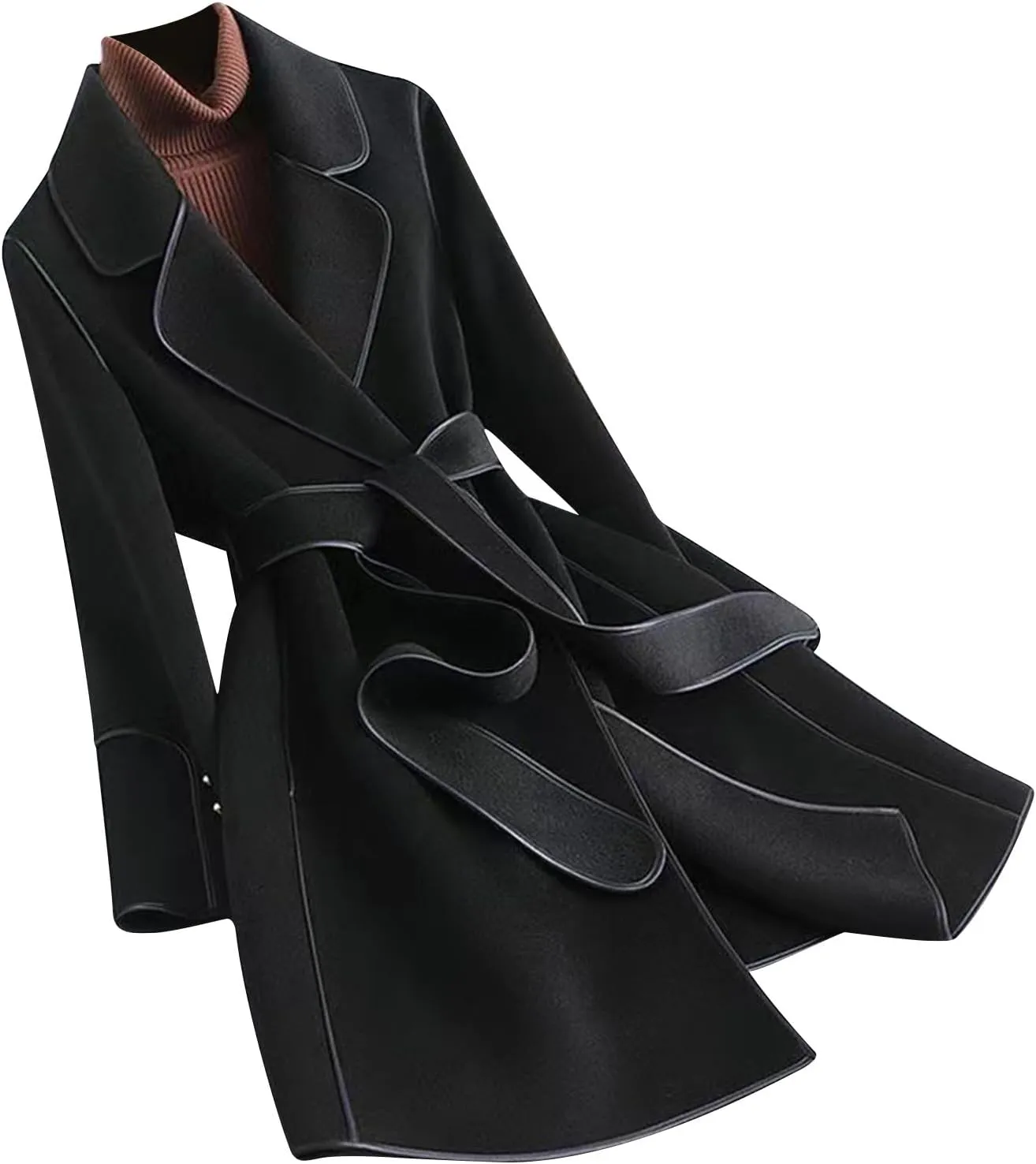 Trench Coat Women Winter Elegant Open Front Pea Coat Notch Lapel Belted Coats Causal Long Sleeve Peacoat