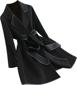 Trench Coat Women Winter Elegant Open Front Pea Coat Notch Lapel Belted Coats Causal Long Sleeve Peacoat
