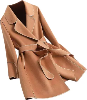 Trench Coat Women Winter Elegant Open Front Pea Coat Notch Lapel Belted Coats Causal Long Sleeve Peacoat